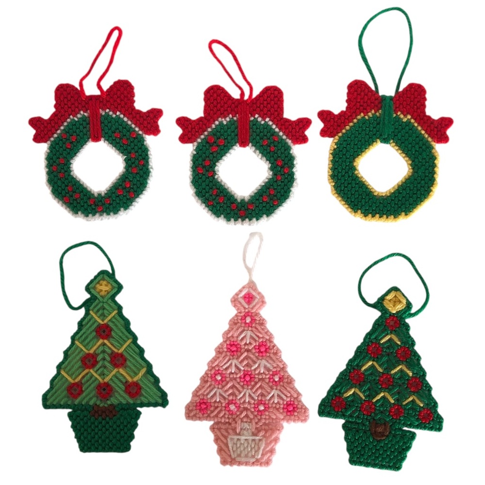 VINTAGE 70s 80s Lot of 6 Needlepoint Wreath Christmas Tree Christmas Ornaments